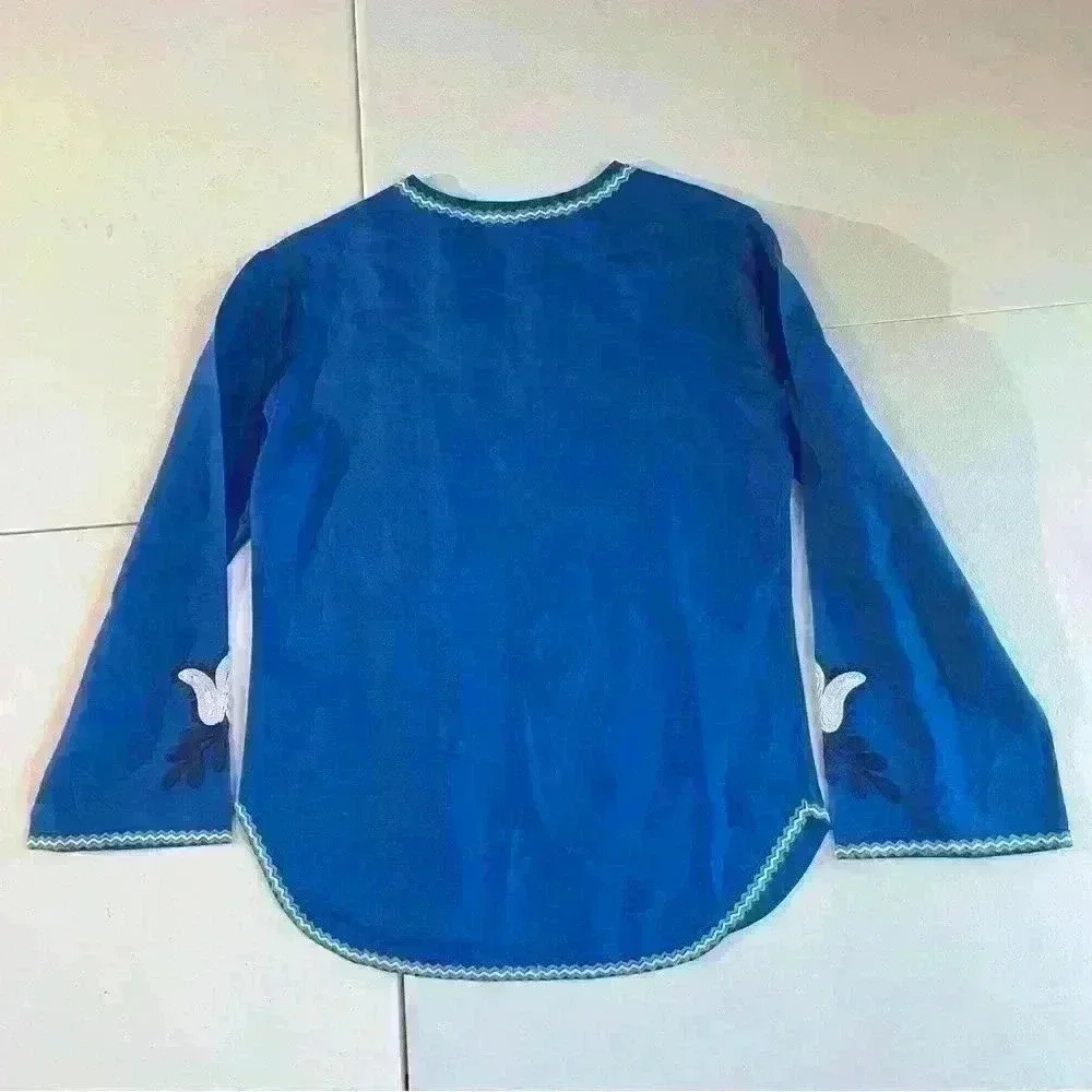 Tory Burch *Emilia* Tunic Size 2 Floral  Embroidered V-Neck Linen Top Shirt Blue